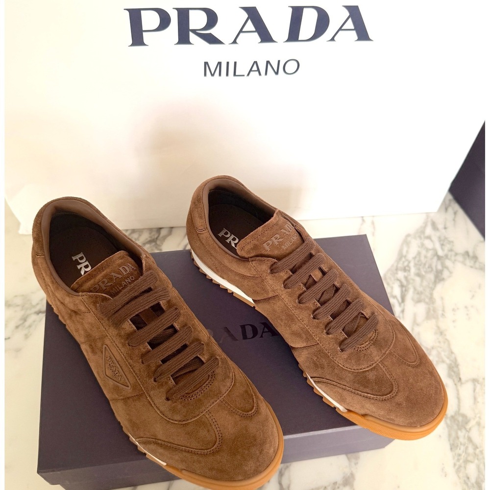 PRADA 2EG486 Brown Suede Sneakers Shoes ‎ - NEW - US 10.5 UK 9.5